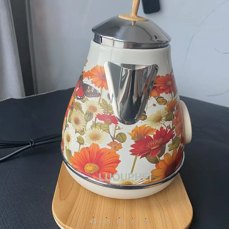 1.7L Retro Paint Decal Electric Kettle Wood Grain Handle 304 Stainless Steel Temperature Control Teapot Auto Keep Warm Kettle 5