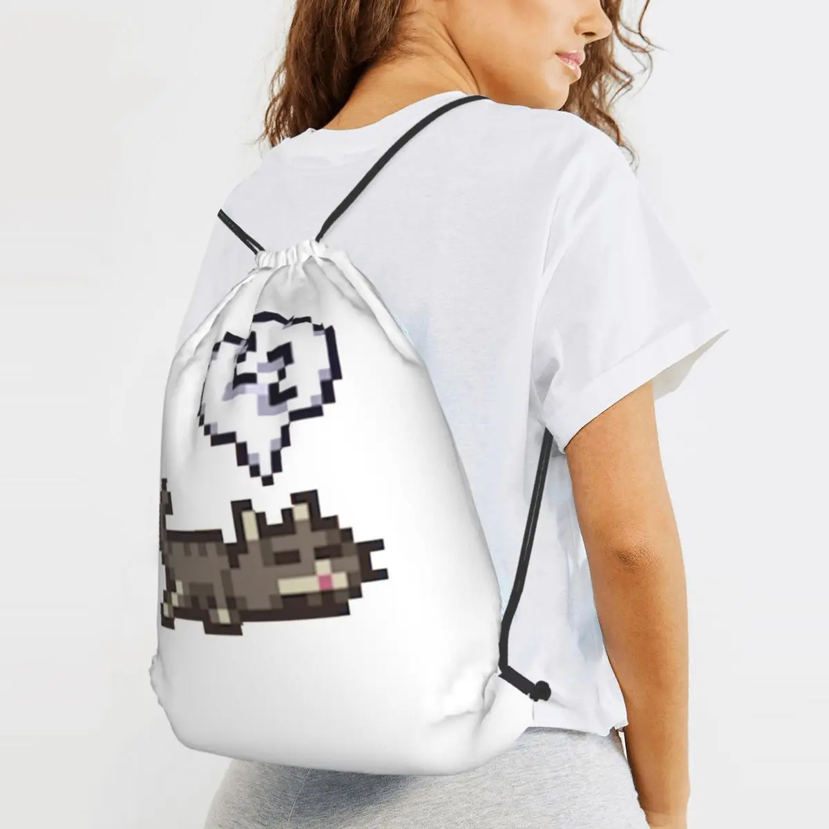 Stardew Valley Sleeping Cat Sploot Backpacks Portable Drawstring Bags Sports Bag Book Bags for Travel Students