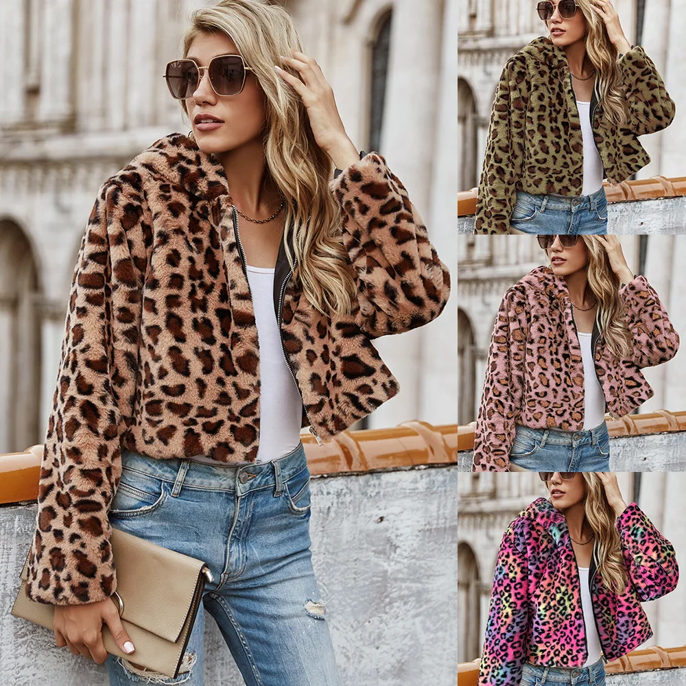 Tops de invierno para mujer, abrigo de piel sintética con capucha, corsé de leopardo, Vintage, cómodo, diseño informal, moda, nicho suave, versátil y ajustado