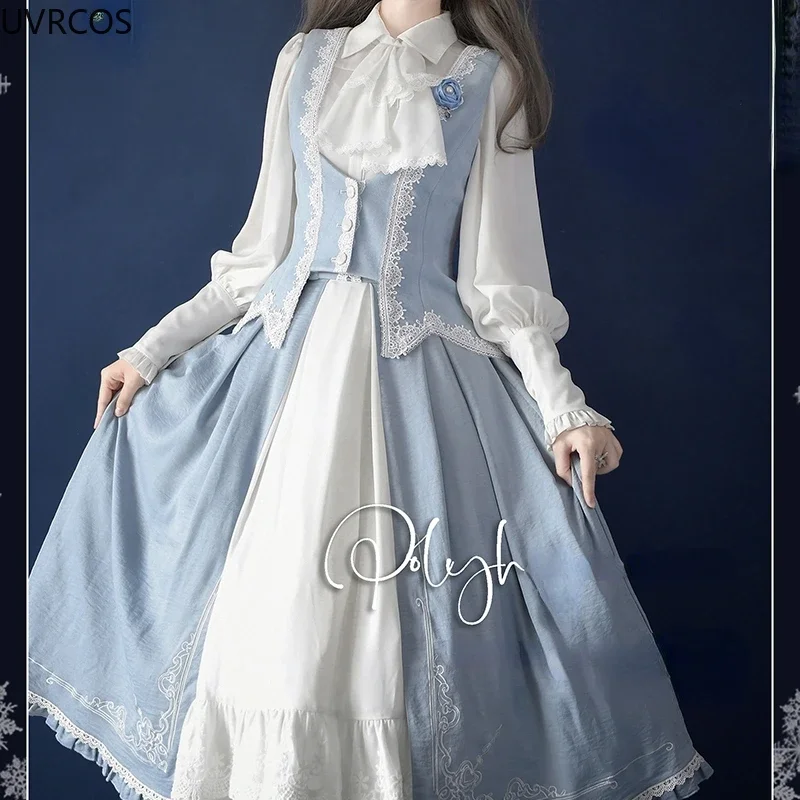 Vintage Victorian Lolita Dress Sets Women Sweet Bow White Shirts High Waist Elegant Princess Skirts Evening Party Midi Dresses