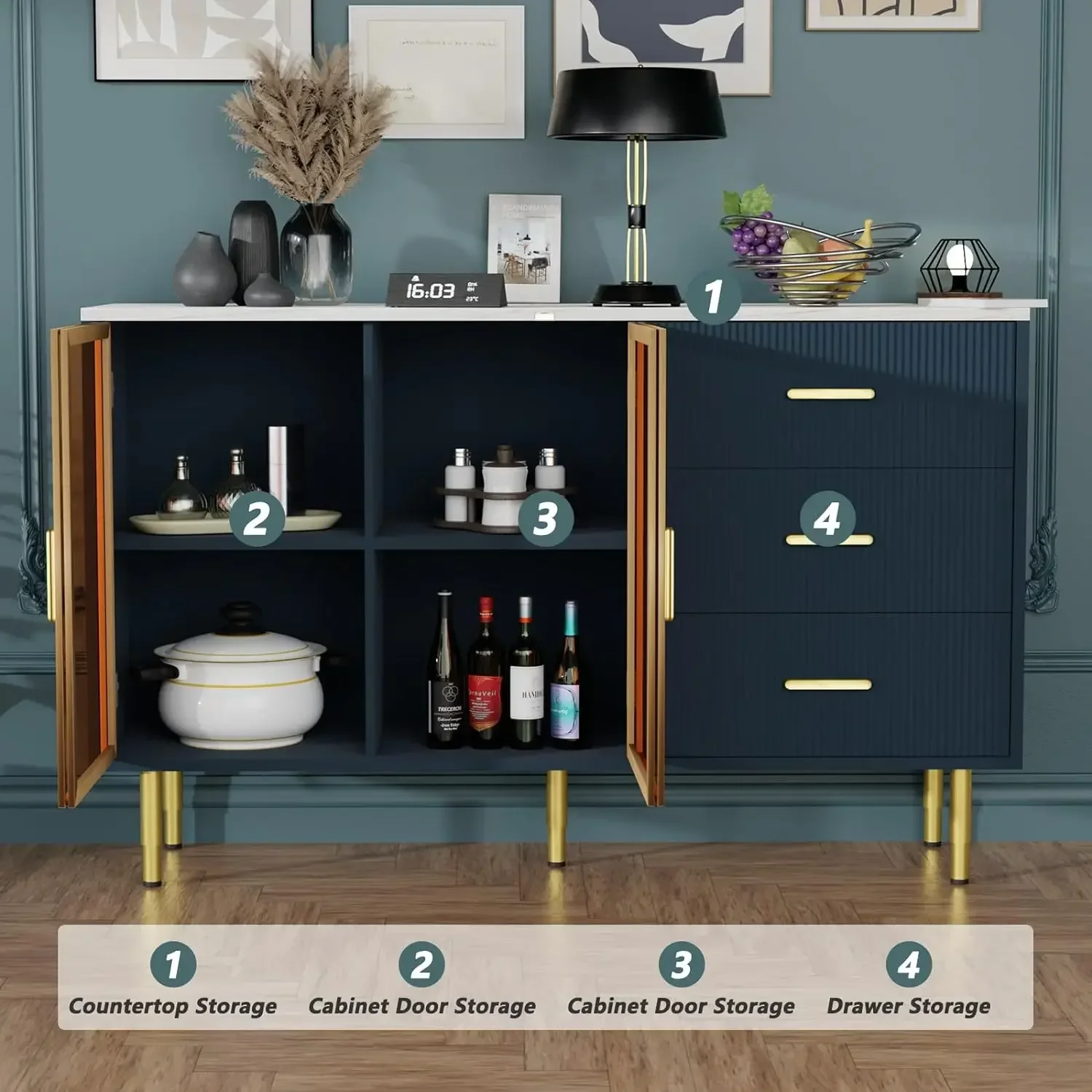 

Шкаф для хранения буфета для гостиной, 60-дюймовый консольный столик для кафе-бара с 2 закаленными стеклами, 2 двери, 3 ящиками