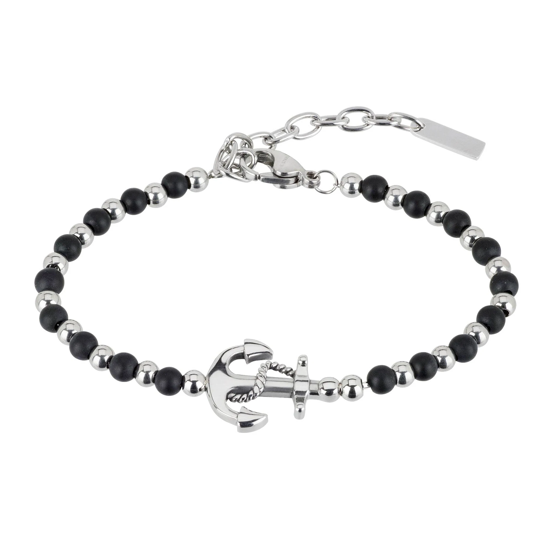 Runda Men's Natural Stone Bracelet Obsidian with Stainless Steel Anchor Adjustable Size 22cm Fashion Handmade Beads Bracelet