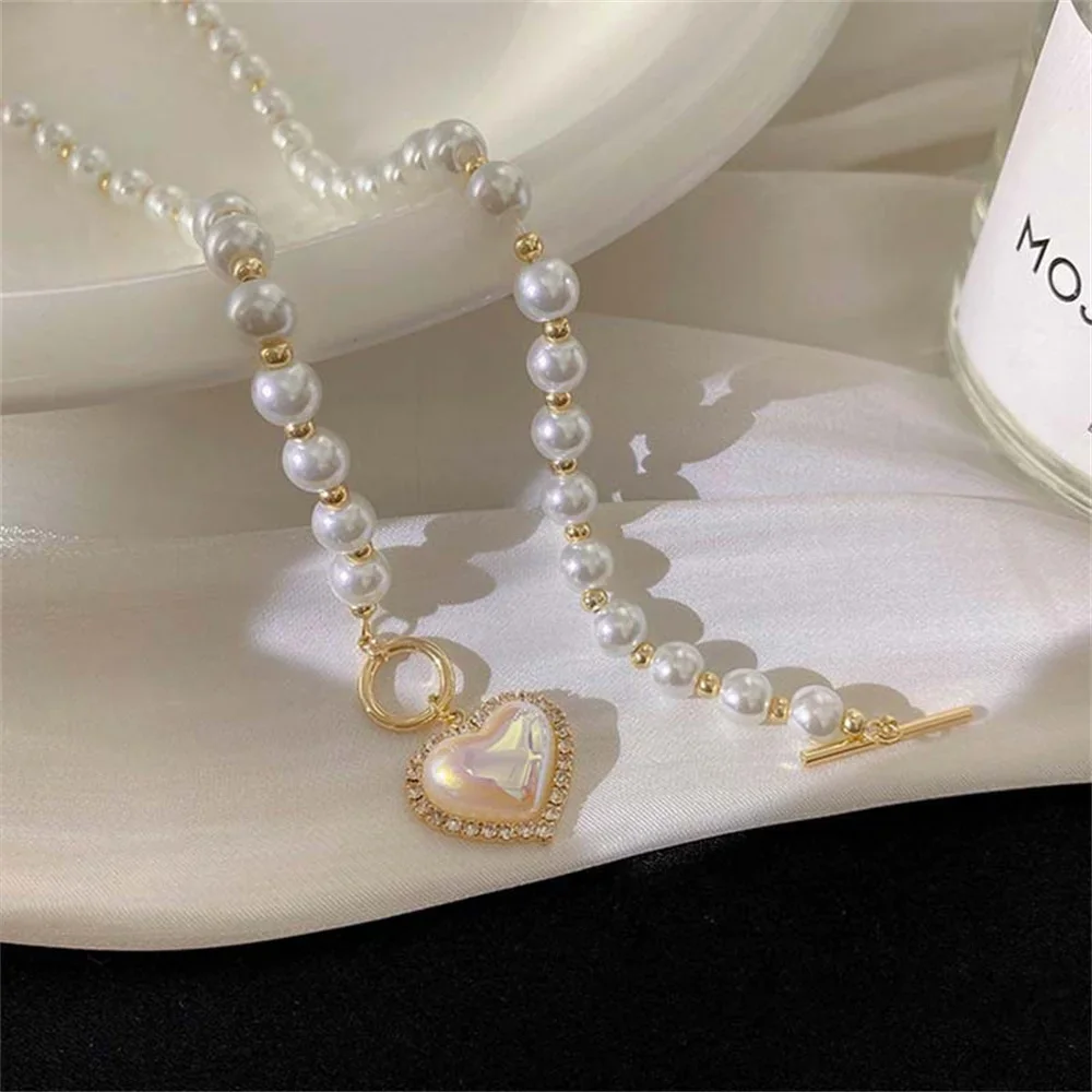 Simple Acrylic Love Pendant Necklace For Women Fashion Imitation Pearl Chain Choker Trendy Jewelry Accessories Party Wear