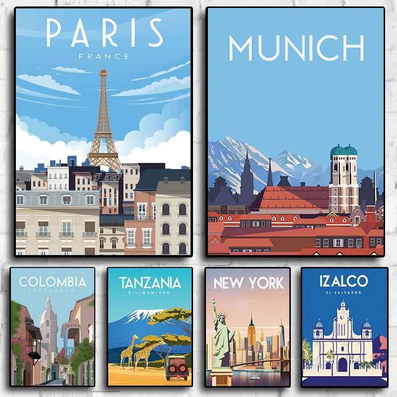 Póster de lienzo de paisaje de dibujos animados, arte de pared de estética, decoración de habitación, imagen de dormitorio, turismo, ciudad, calle, París, Argentina, YORK, Hamburgo
