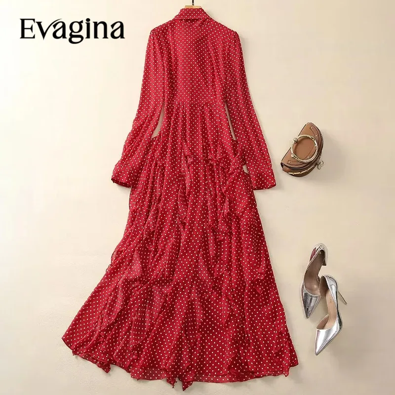 Evagina New Fashion Runway Designer Women's Summer Stand-Up Collar Long Sleeved Red Polka Dot Patchwork Ruffled Chiffon Dress