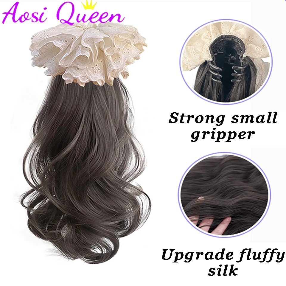 AOSI Synthetic Ponytail Wig For Women New Chinese Style Bow Half-tied Low Ponytail Side Pear Curl Claw Clip Ponytail