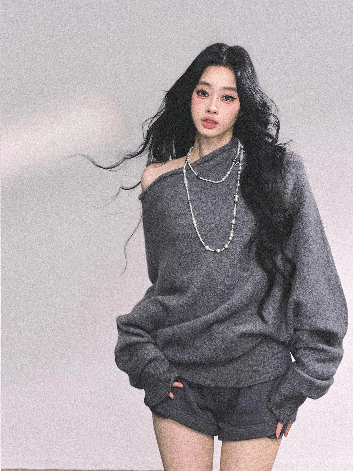 

Ladies Loose Knitted oulder Bared Sweater Winter Thiened Comfortable Sle Polyester And Acrylic Fiber Casual Top