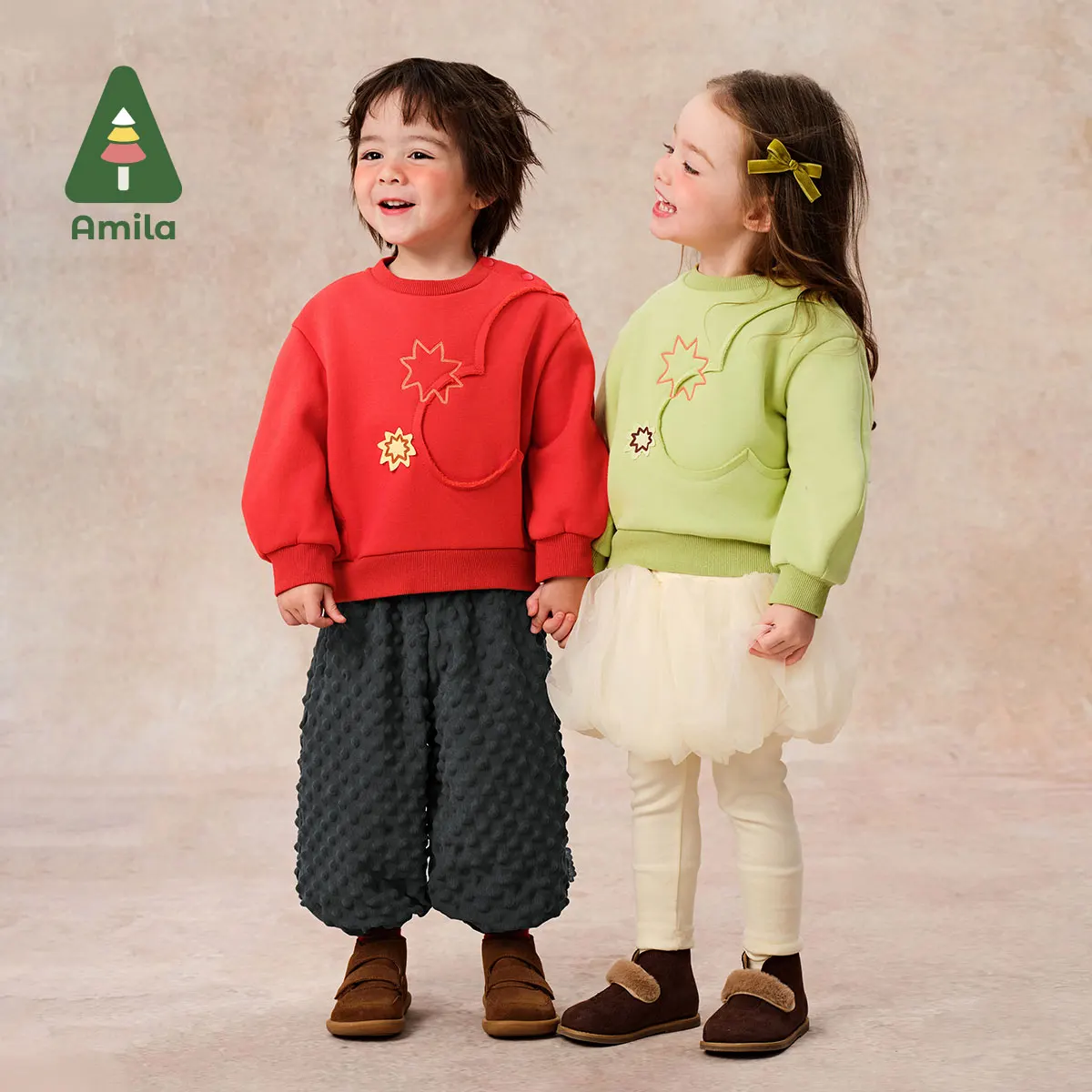 Amila Baby Sweatshirt 2024 New Winter Style For Boys And Girls Festive Chinese Style Plus Velvet Skin-Friendly Parent-Child Wear