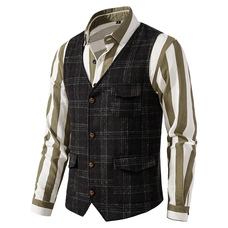 Vintage Suit Vest Plaid Tweed Vest Men Regular Fit Waistcoat for Wedding Groomsmen Casual Sleeveless Jacket