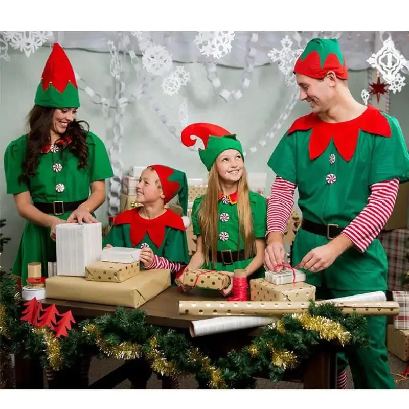 Christmas Outfit Green Elf Cosplay Costume Matching Clothes Family For Adult Kids Women Men Boy Girls