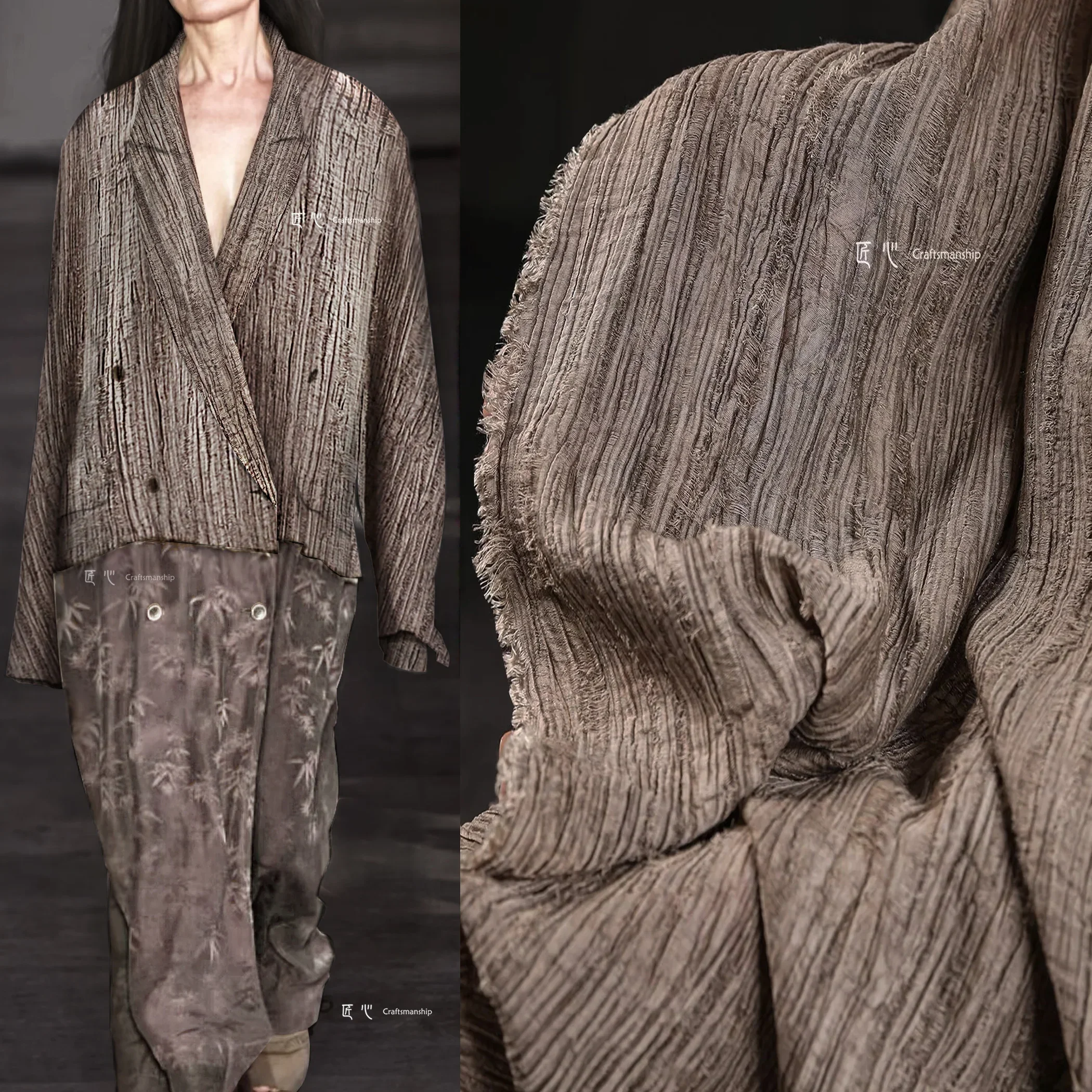 

Brown Old Tattered Linear Texture Tencel Cotton Linen Dress Cardigan Wide Leg Pants Clothing Designer Fabric