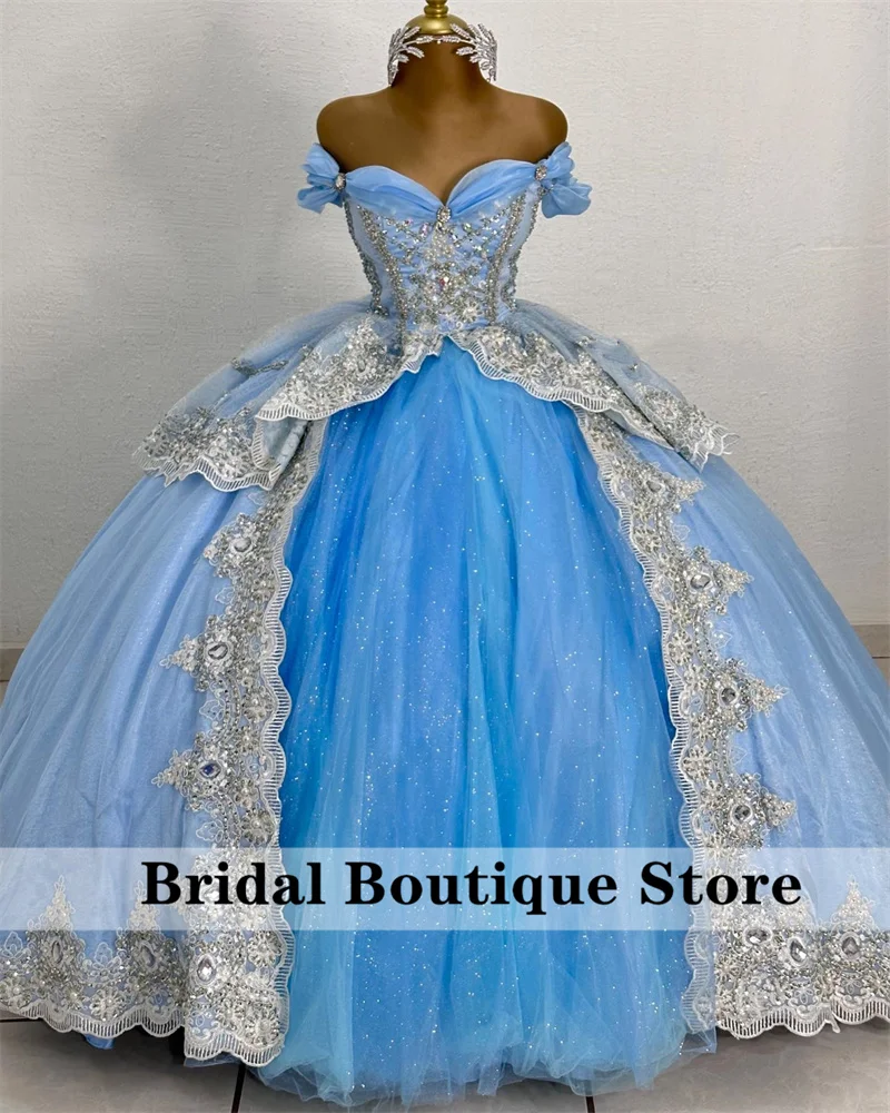 

Luxury Sky Blue Flower Girl Dresses Beads Detachable Skirt Lace Beads Crystals Puffy Kids Birthday Dress For Wedding Ball Gown