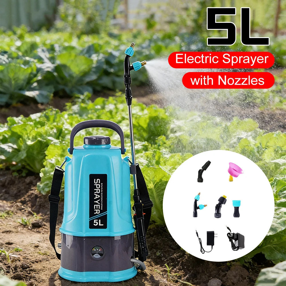 

Электрический опрыскиватель на 5 л с 5 насадками-распылителями, аккумуляторный, с регулируемым плечевым ремнем, для полива газонов и садов
