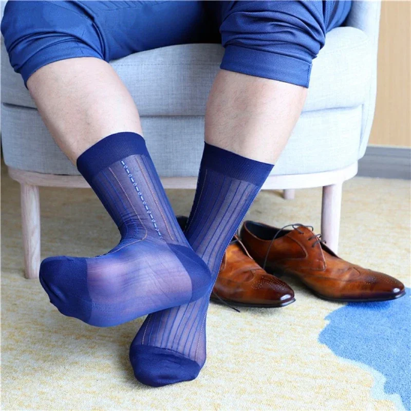 Color Stripe Men's Stockings Vintage Jacquard Socks Business Dress Formal Wear Mid Tube Socks Silk Long Socks