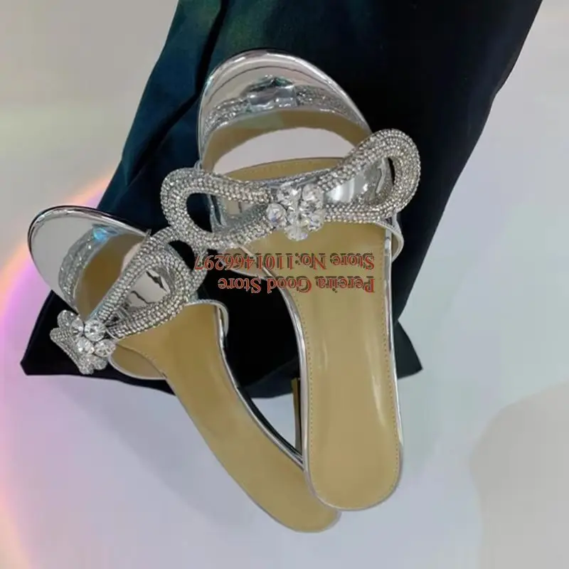 Modern Glittering Butterfly Knot High Heel Mules Shoes Slip On Open Toe Satin Patent Leather Cover Heels Female Sandals Red Pink