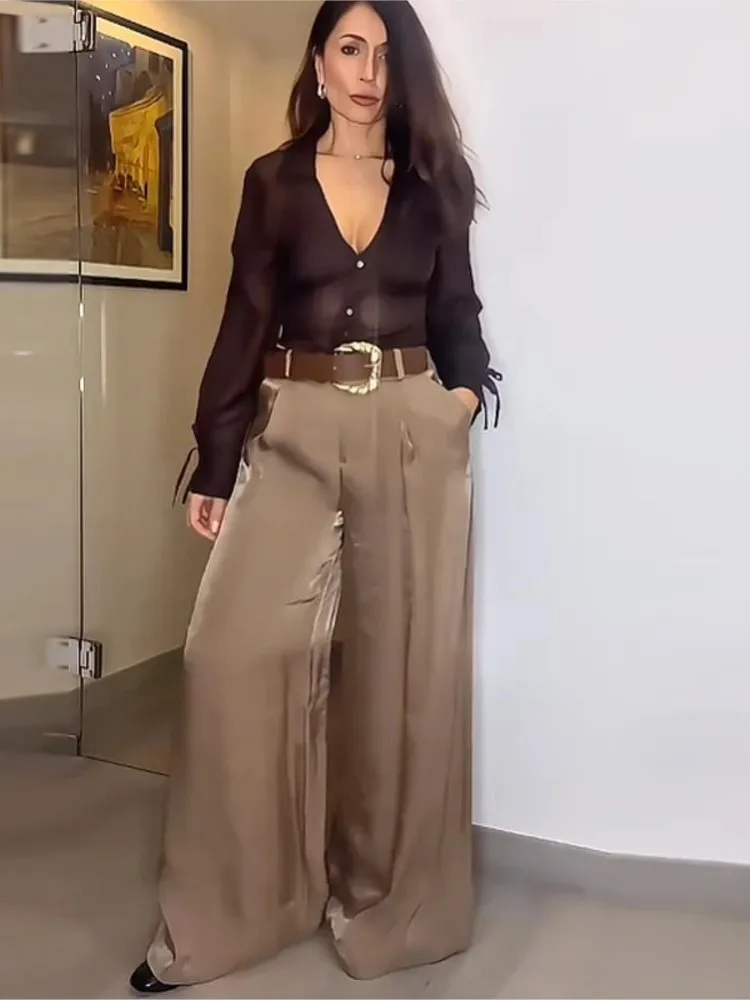 HipSeam Women Satin Trousers With Belt Spring Summer Simple Women's Pants Versatile Female Loose Pants Pocket Wide Leg Pants image 5