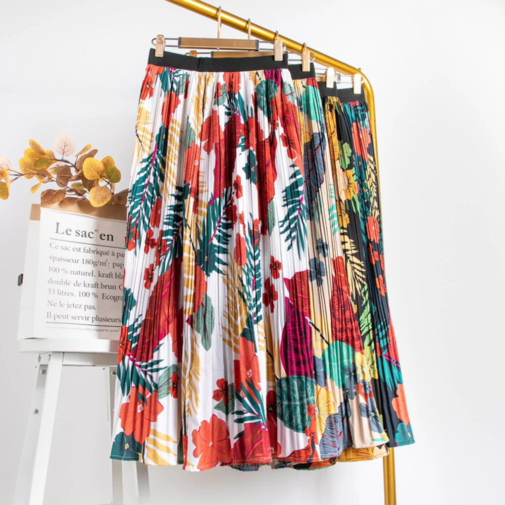 Double Seamed Flared Skirts For Women Simple Eye-catching And Fun Over The Knee Vintage Pleated Summer Waist Print