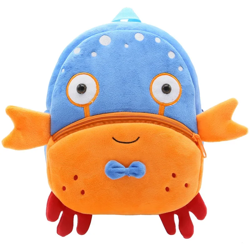 Children School Backpack Cute Cartoon Crab Design Cozy Soft Plush Material For Toddler Baby Boys Kindergarten Kids Snacks Bag