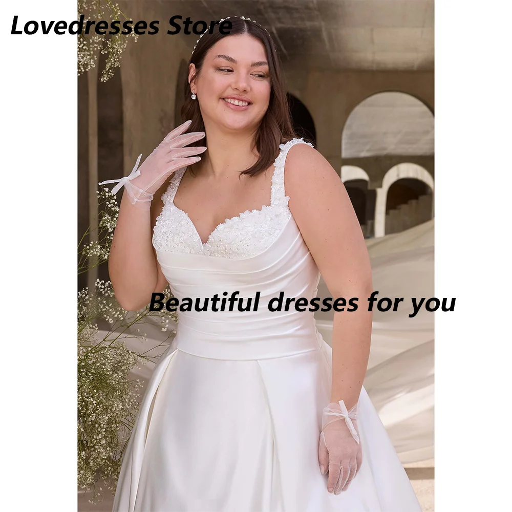 Brautkleider in Übergröße, maßgeschneidert, ärmellos, V-Ausschnitt, Perlen, Falten, Satin, A-Linie, Brautkleid, Sweep-Zug, Brautkleider