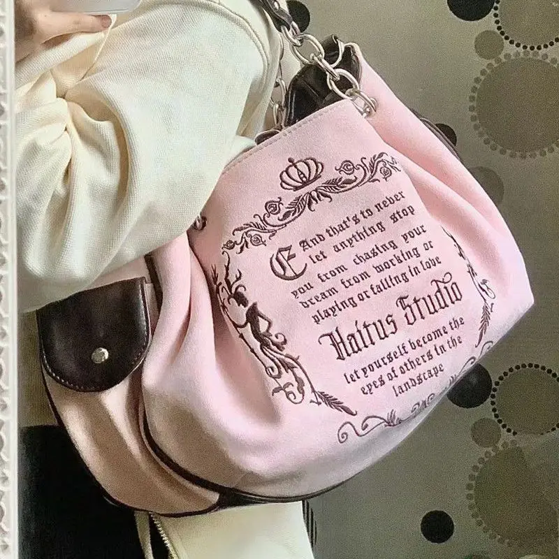 Dames Borduurwerk Y 2K Schoudertas Grote Capaciteit Gotische Roze Tote Handtas Vintage Letter Esthetische Crossbody Tassen Cool Girl