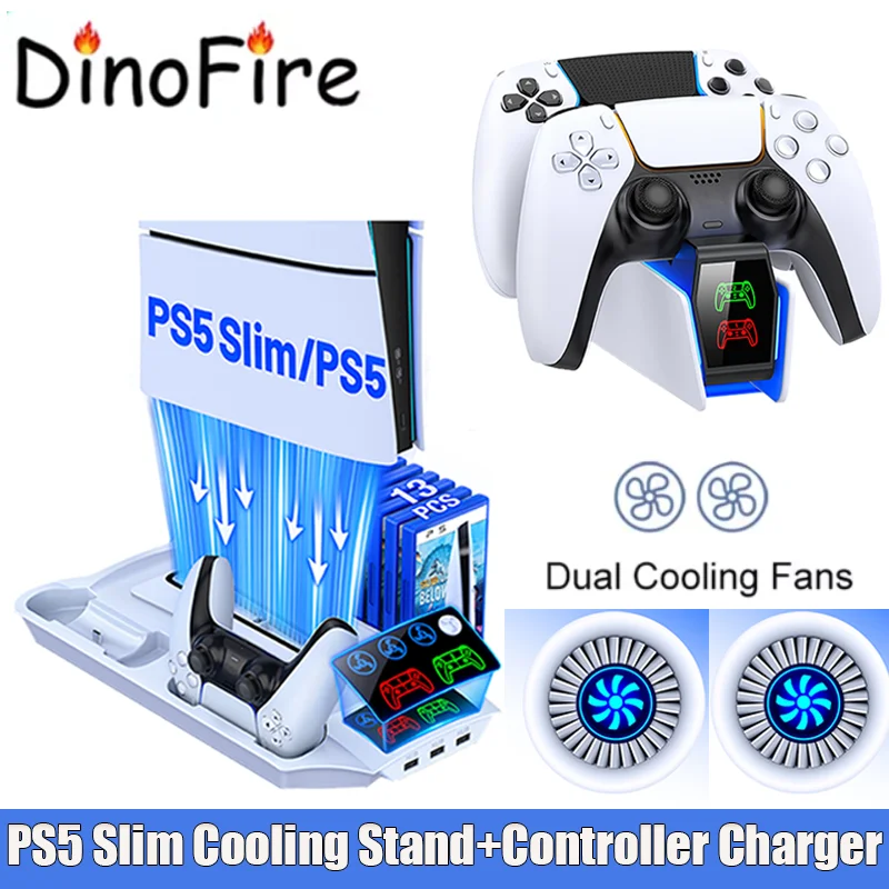 Dinofire S6000 For PS5/PS5 Slim Console Disc/Digital Vertical Stand Cooling Fan For Sony Playstation 5 controller Charging Dock