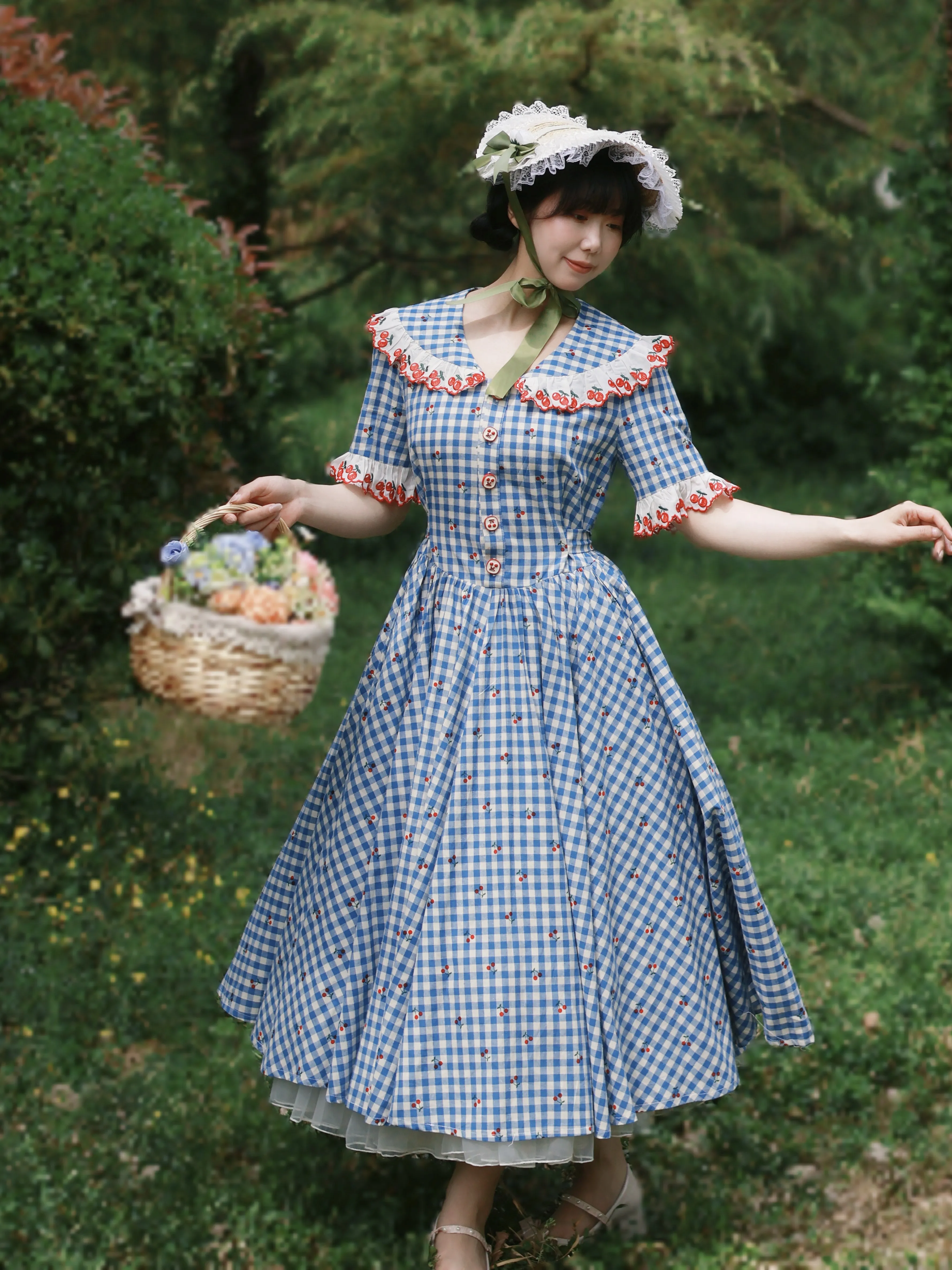 

TIYIHAILEY Long Mid-Calf Women Ladies Dress Short Sleeve Turn Down Collar Blue Plaid S-L Spring Summer Cotton Big Hem Dresses