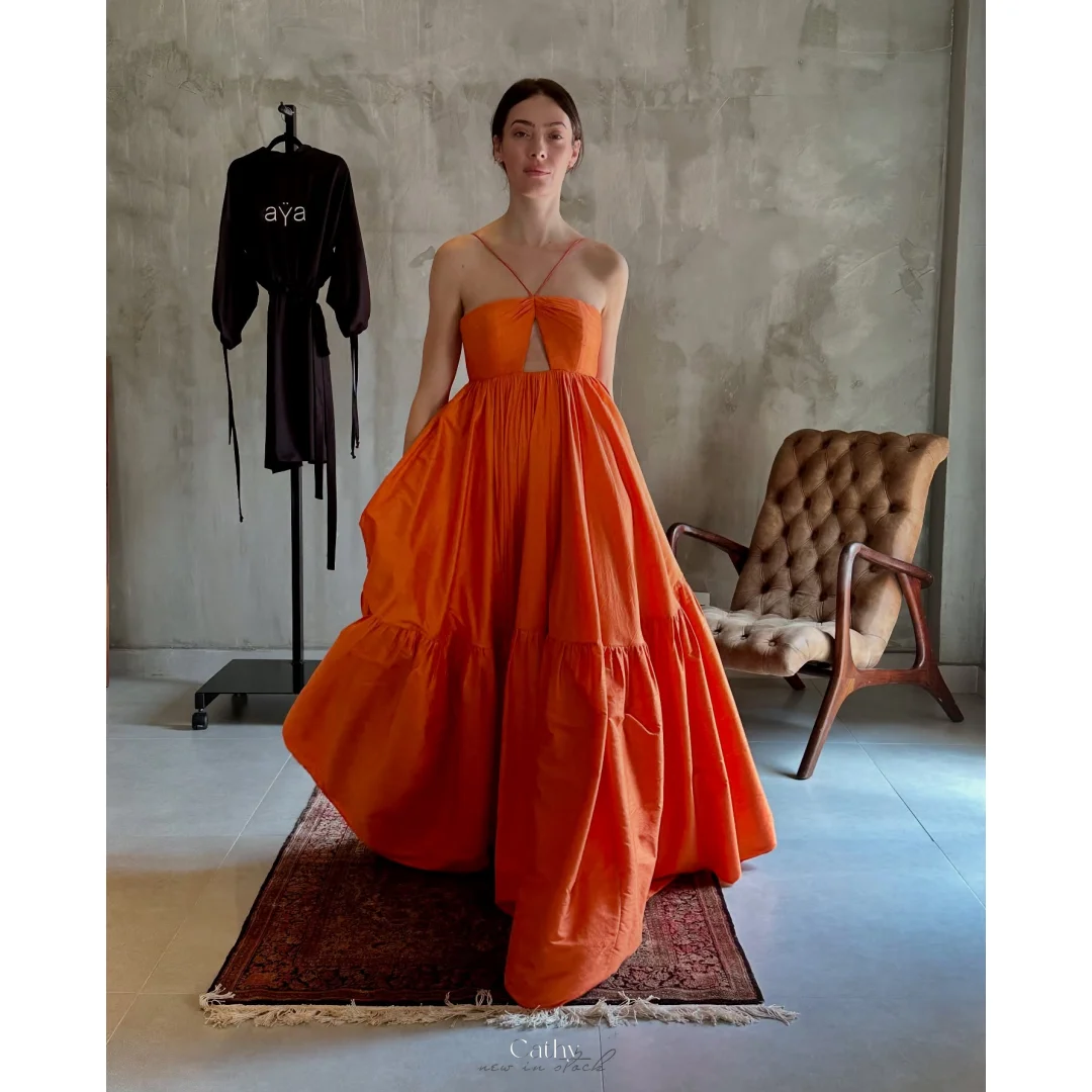 

Cathy Customized Orange Spaghetti Strap Pleated Prom Dress Cut-out Sleeveless vestidos de noiva Floor-Length Formal Evening 2025