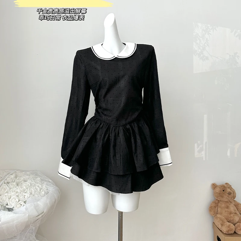 Women Black Goth A-line Dress Vintage Short Sleeve Peter Pan Collar Emo Mini Dresses Y2k Elegant One Piece Frocks 2000s Clothes