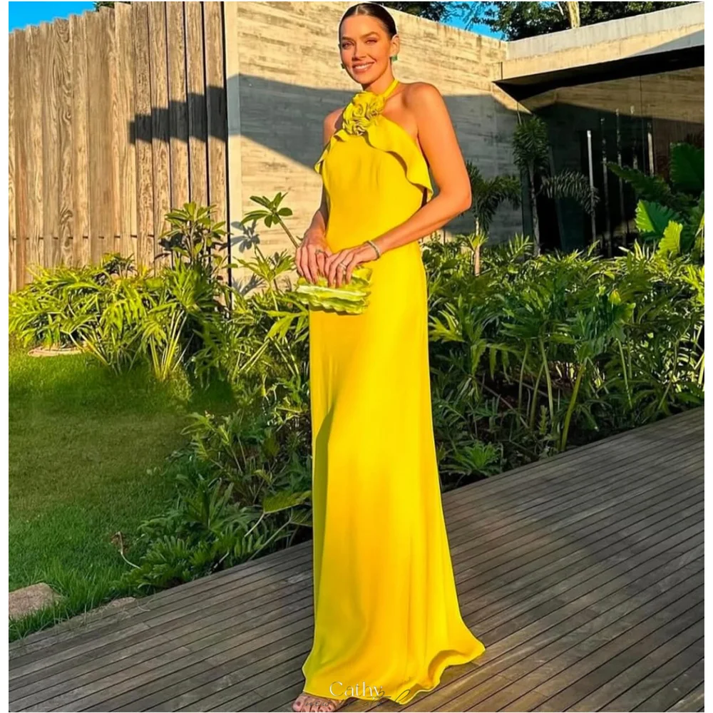 

Cathy Customized Yellow 3D Flower Halter Neck Prom Dresses Sheath Sleeveless vestidos de noiva Floor-Length Formal Evening 2025