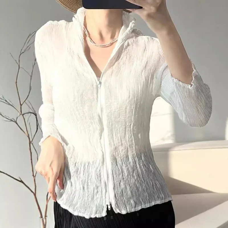 Miyake Pleated Thin Lace Jacket 2025 Summer New Women's Simple Section Zipper Air Conditioning Hoodie Sun Protection Clothing