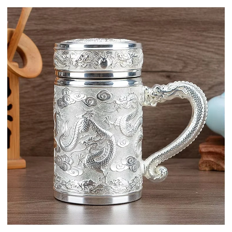 S999 Sterling Silver Kowloon Cup with Handle And Foot Office Tea Water Cup Gift Silver Cup for Business