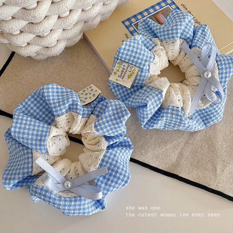 1pc Preppy Blue Plaid Bow Scrunchie Ballet Style High Elastic Hair Tie for Women Low Ponytail Holder Chic Daily Wear