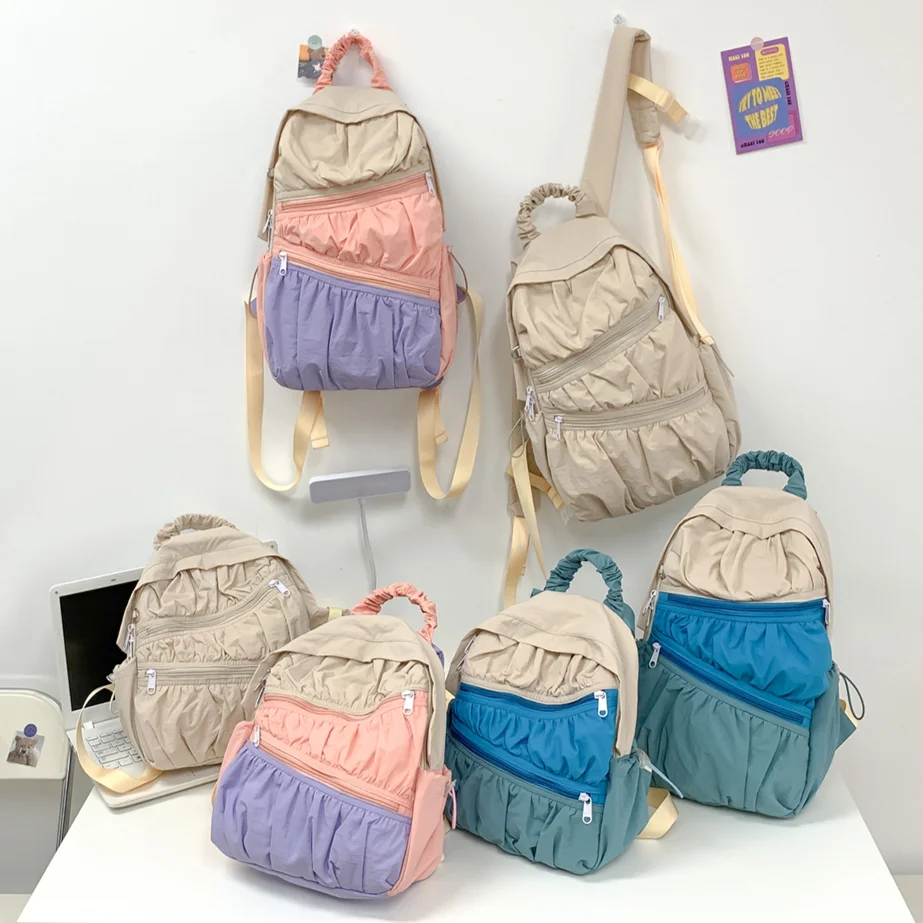 2024 French Contrast Color Ruched Fashion Backpacks Large Capacity Teenagers School Bags Multi-pockets Students College Mochilas