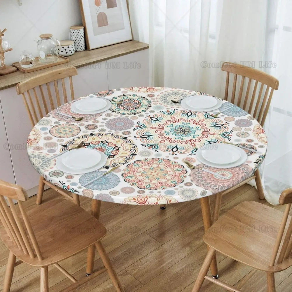 Elastic Edged Round Bohemian Fitted Table Cloth Cover Home Decorative Tablecloth for Indoor Outdoor Kitchen Party Fits 40\