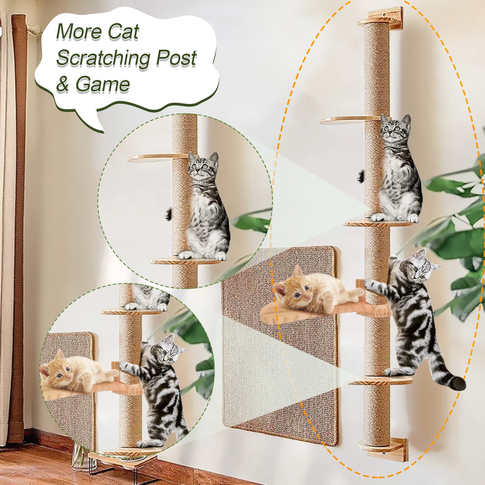 Cat Wall Furniture, Tall Cat Tree, Multi Tier Floor to Ceiling Cat Tower, Wall-Mounted Cat Scratching Post