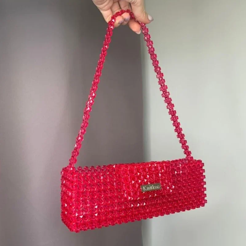 Fashion New Flip Phone Ladies Underarm Bags Red Women's Shoulder Bag 2024 New Handmade Beads Customizable Colors Handheld Tote