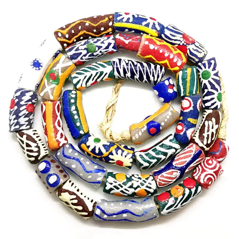 

African Handmade New Trade Beads Colorful Safron Lampwork Strand Antique Colored Glaze Necklace TNL192