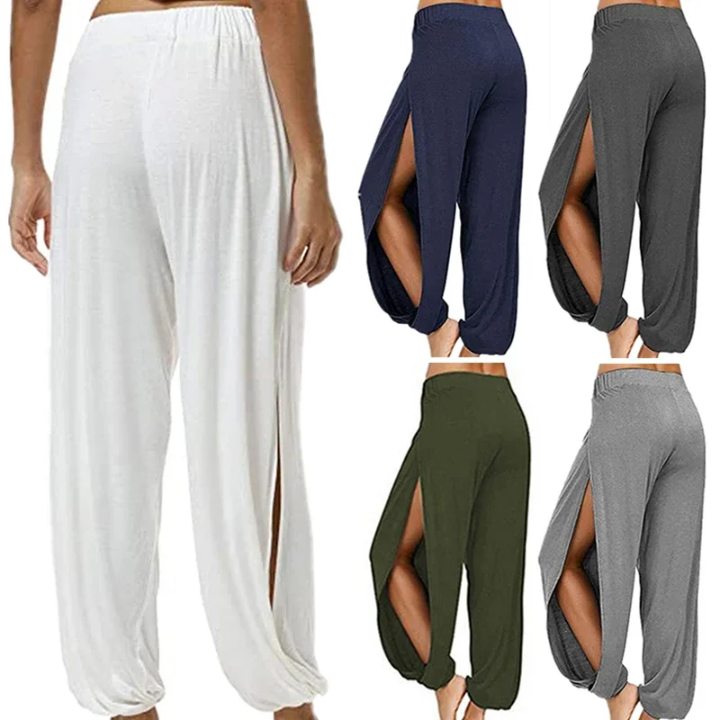 Sommer-Haremshose mit hohem Schlitz für Damen, Sport-Yogahose, solide, lockere Hippie-Haremshose mit weitem Bein – Detail 3