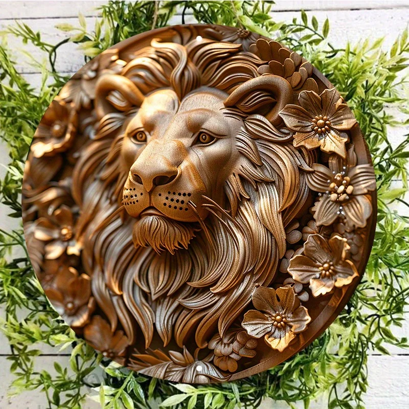 

Round Lion Portrait Gold Print Wall Decor, Aluminum Metal Sign, Weather Resistant, HD Printing, Door Hanger, Wreath Decor