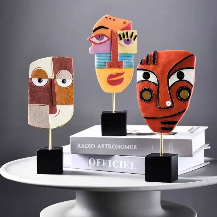Abstract Face Sculpture Set Cubism Mask Statue Resin Desktop Ornament Modern Living Room Office Home Decor