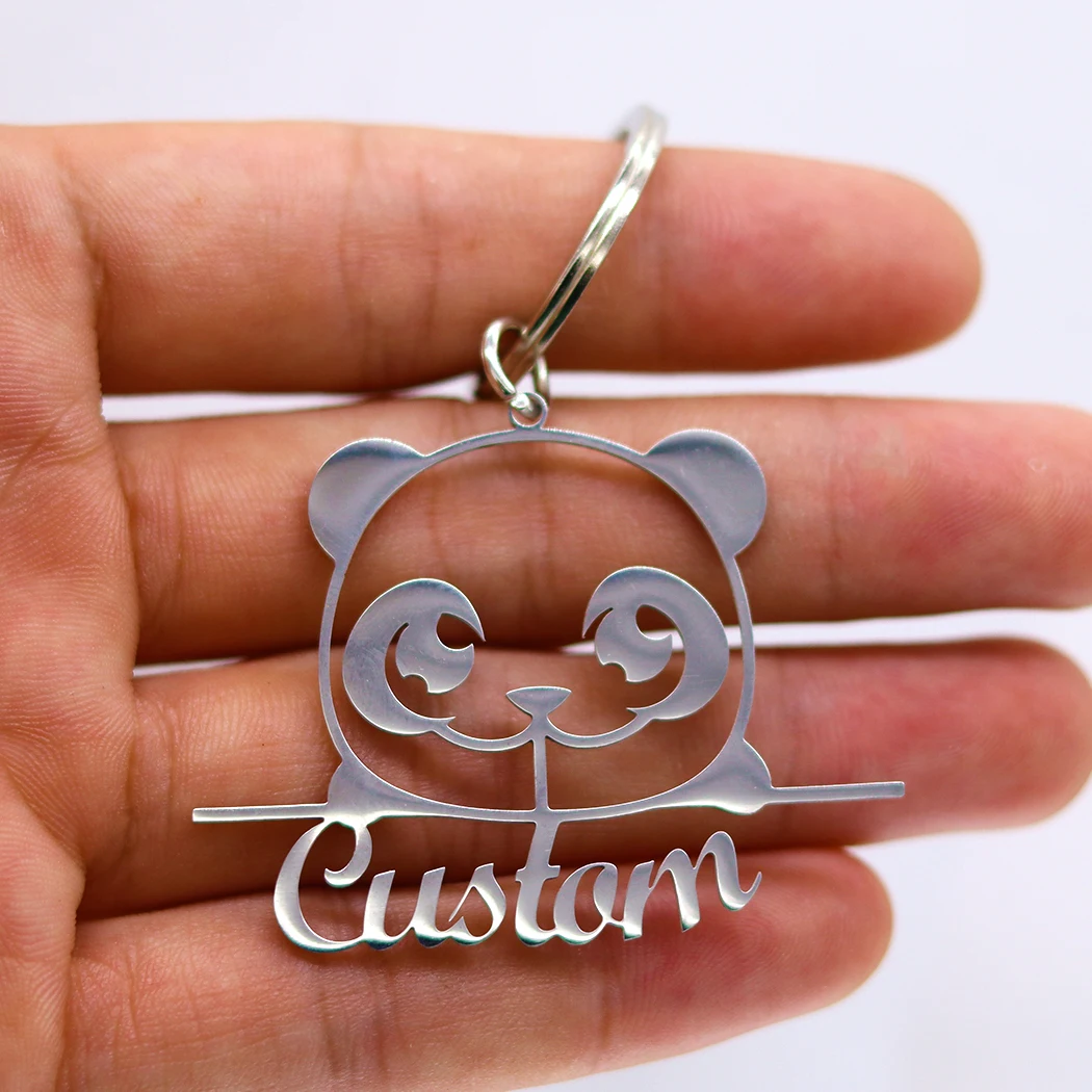 QIAMNI Chinese Cute Panda Personalized Custom Engrave Name Keychain Minimalist Stainless Steel Pendant Keyring for Women Kids