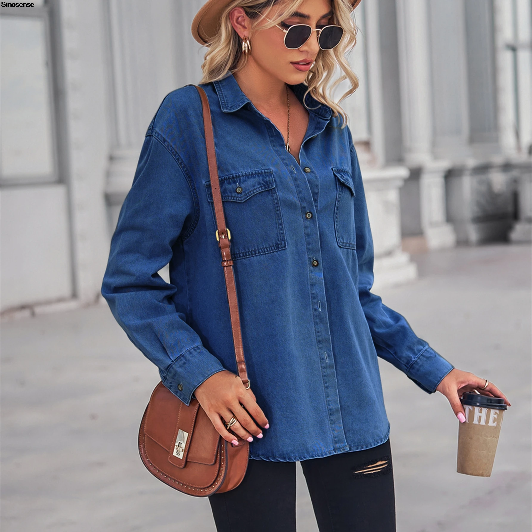 Women Button Down Denim Shirt Casual Long Sleeve V Neck Chambray Blouse Top Boyfriend Style Loose Fit Daily Wear Jean Shirts