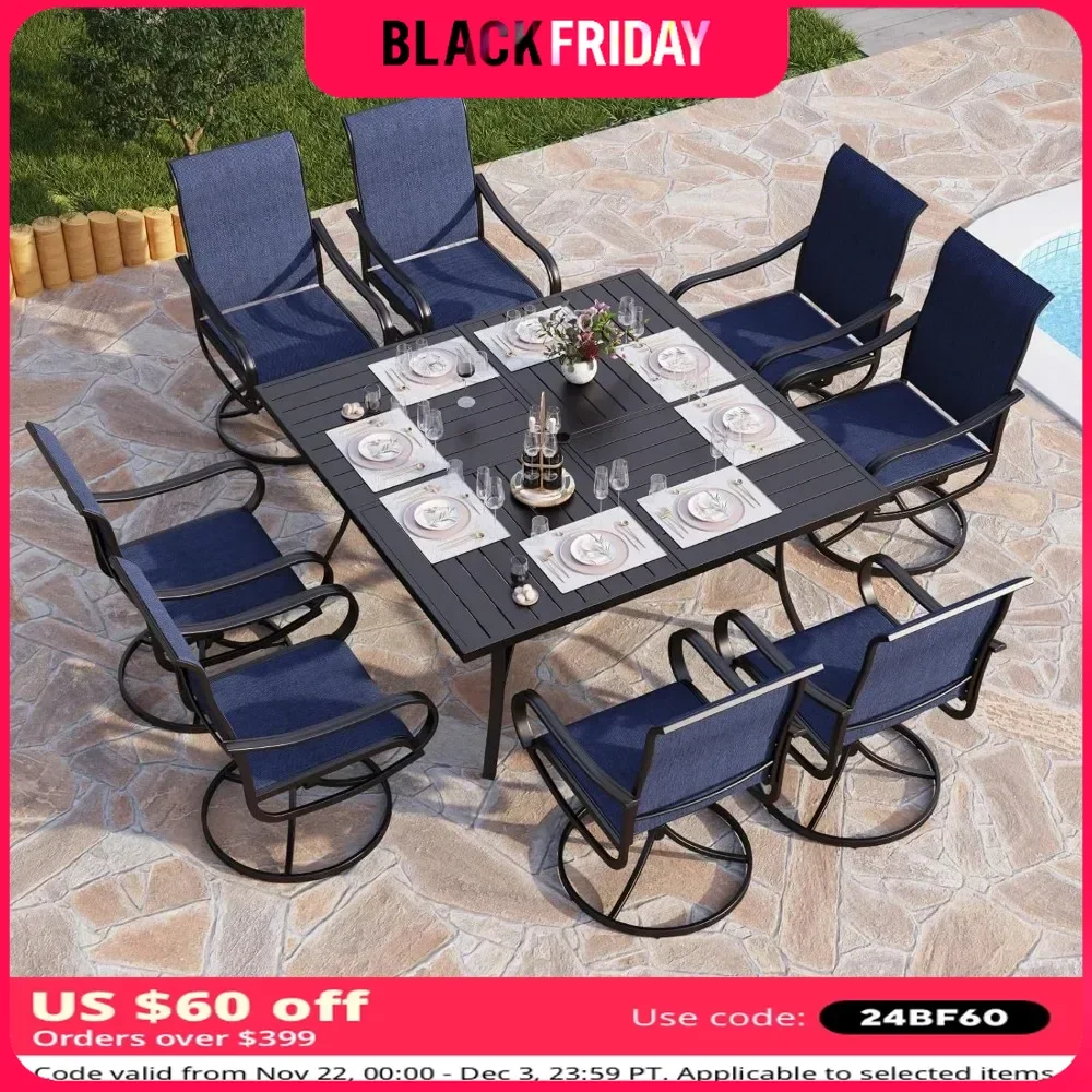 Outdoor Dining Set, Large Square Metal Table and 8 Outdoor Swivel Chairs, Comfortable, Breathable, Easy-to Clean, Outdoor Tables