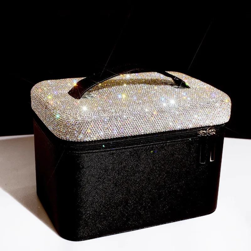 23X16X17cm Luxury Lady Big Capacity Making Up Container with Mirror Sparkle Rhinestone for Girls Birthday Gift