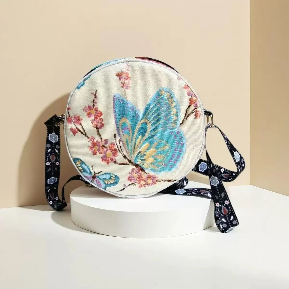 Embroidery Butterfly Bag Ethnic Style Plum Blossom Round Messenger Bag  Hand-painted Blue-Green Butterfly Print Handbag Bag