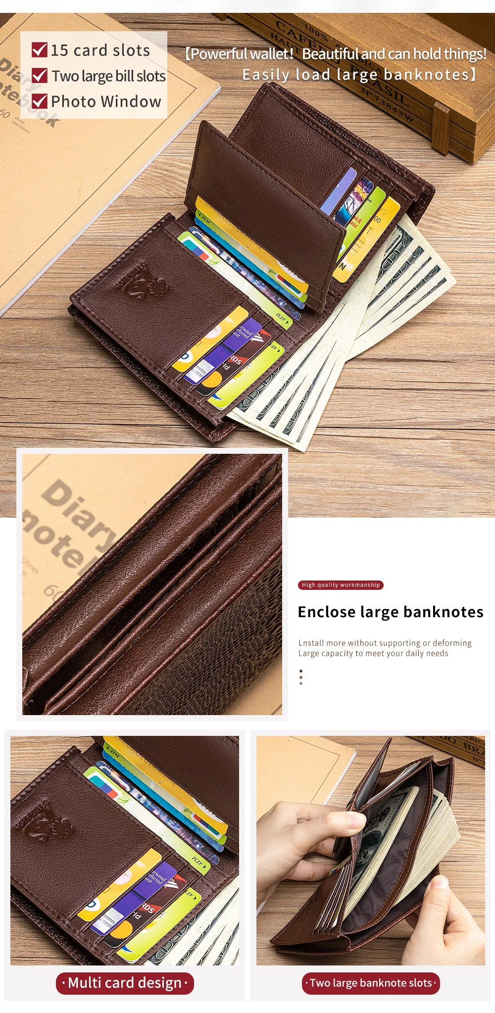 Herren-Geldbörse aus echtem Leder mit Krokodilmuster, Retro-Design, große Kapazität, mehrere Kartenfächer, Fotoalbumfach, Geschenkidee – Detail 3