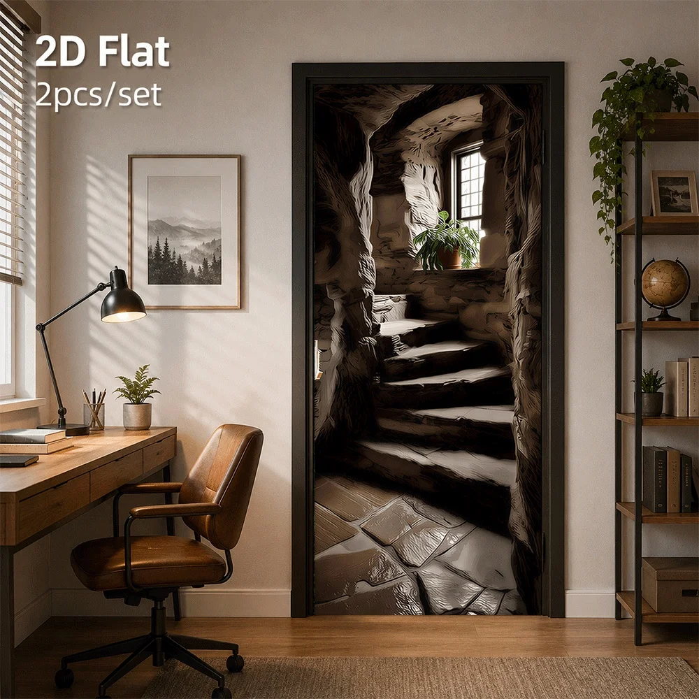 1 piece of retro stone staircase door sticker creates a mysterious cave style, self-adhesive waterproof, removable 2D flat surfa