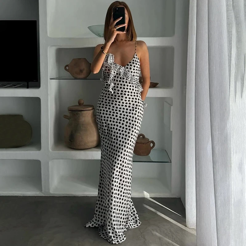 

Ticketsx Polka Dots Satin Dress Women's Sexy V Neck Backless Flower Print Sling Dress Female Evening Party Elegant Luxury Dress