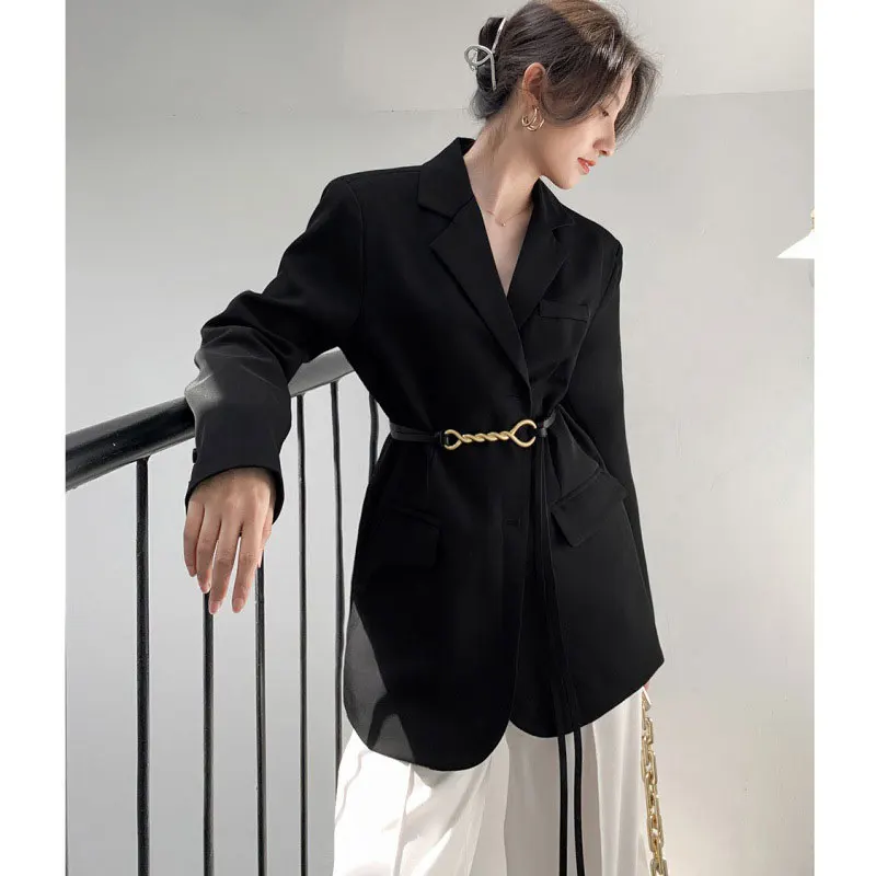 Black Suit Jacket Women 2022 New Vintage Autumn Spring Fashion Loose Blazer Jackets With Belt Female Office Ladies Outwear 2022