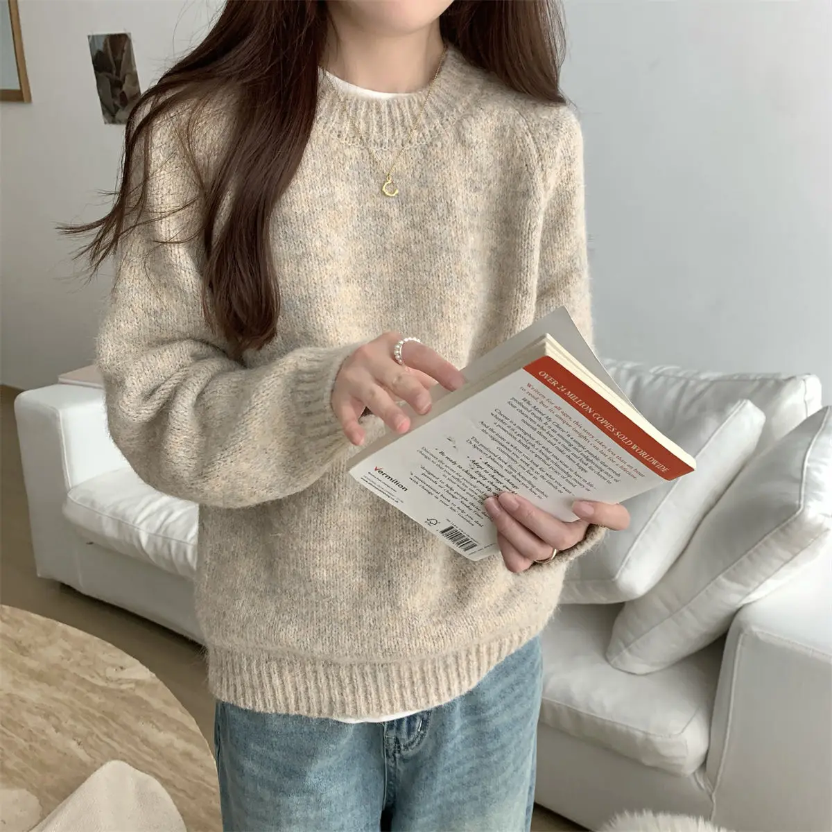 Maglia da donna slim o-collo tinta unita maglione in misto lana cashmere autunno e inverno camicia a maniche lunghe in maglia di grandi dimensioni